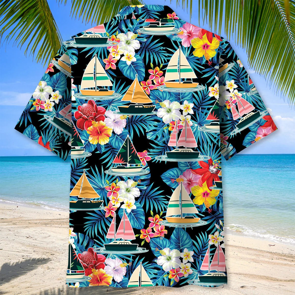 Sailboat Tropical Flower Hawaiian Shirt, custom shirt gift for men (view 3)