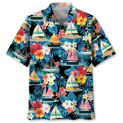 Sailboat Tropical Flower Hawaiian Shirt, custom shirt gift for men (view 4)