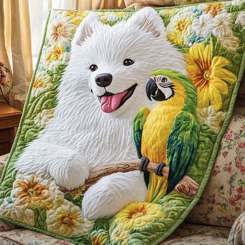 Samoyed And Parrot Quilt Blanket