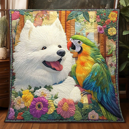 Samoyed And Parrot Quilt Blanket