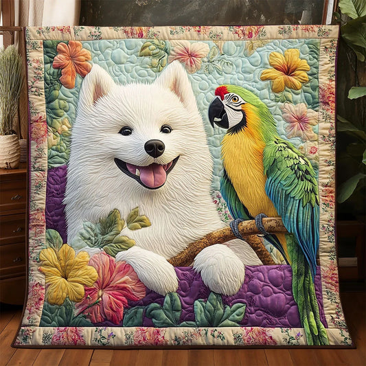 Samoyed And Parrot Quilt Blanket