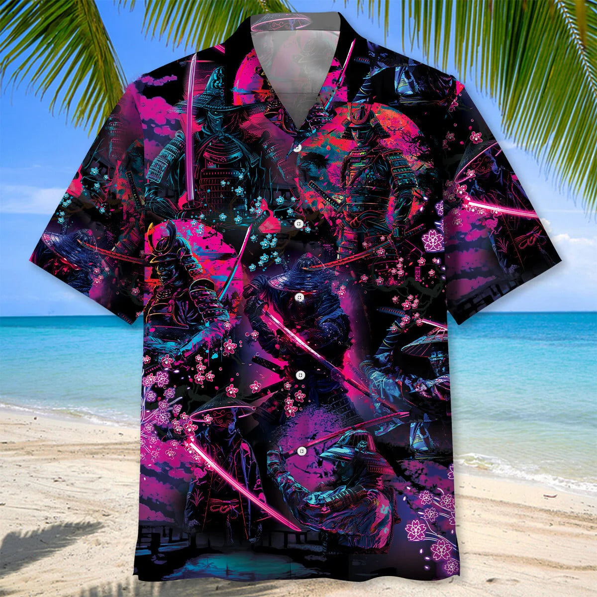 Samurai Neon Art Hawaiian Shirt, custom shirt gift for men (view 3)