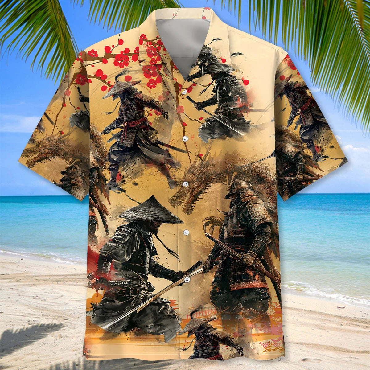 Samurai Under the Moonlight Hawaiian Shirt, custom shirt gift for men (view 3)