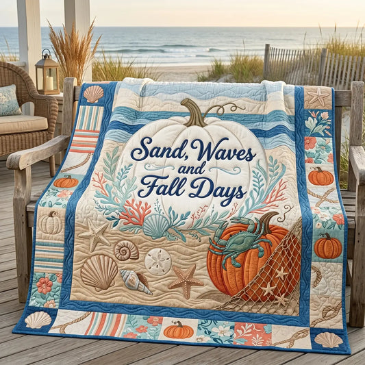 Sand, Waves And Fall Days Quilt Blanket