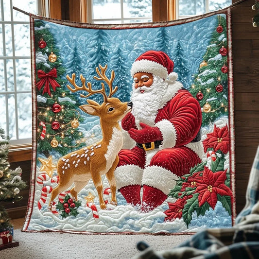Santa And Little Deer Quilt Blanket