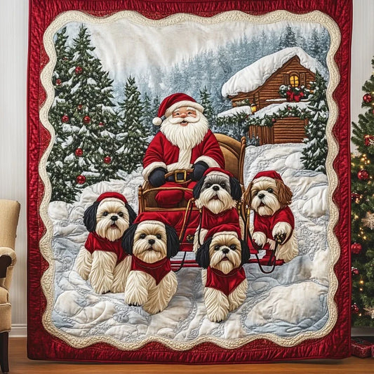 Santa And Shih Tzu Quilt Blanket