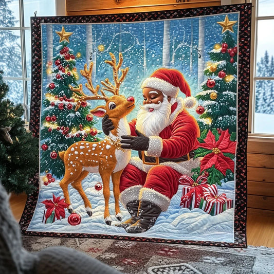 Santa With Reindeer Quilt Blanket