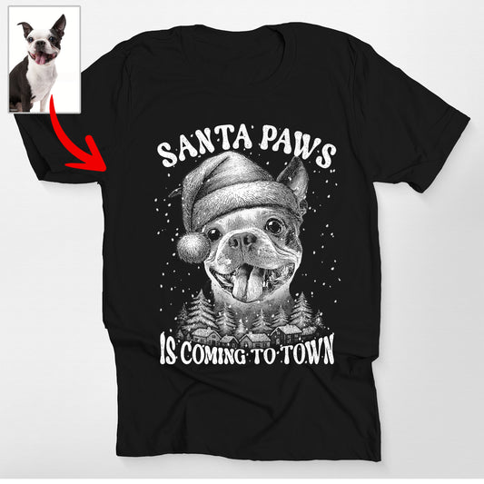 Santa Paws Dog Mom Bella Canvas T-Shirt Christmas, custom pet portrait gift for pet lovers