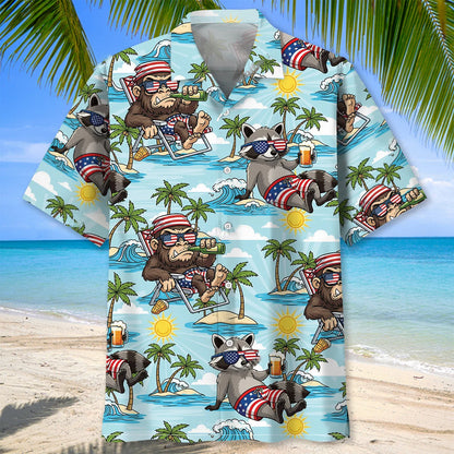 Sasquatch and Raccoon Summer Vacation Hawaiian Shirt, funny meme tee gift (view 3)