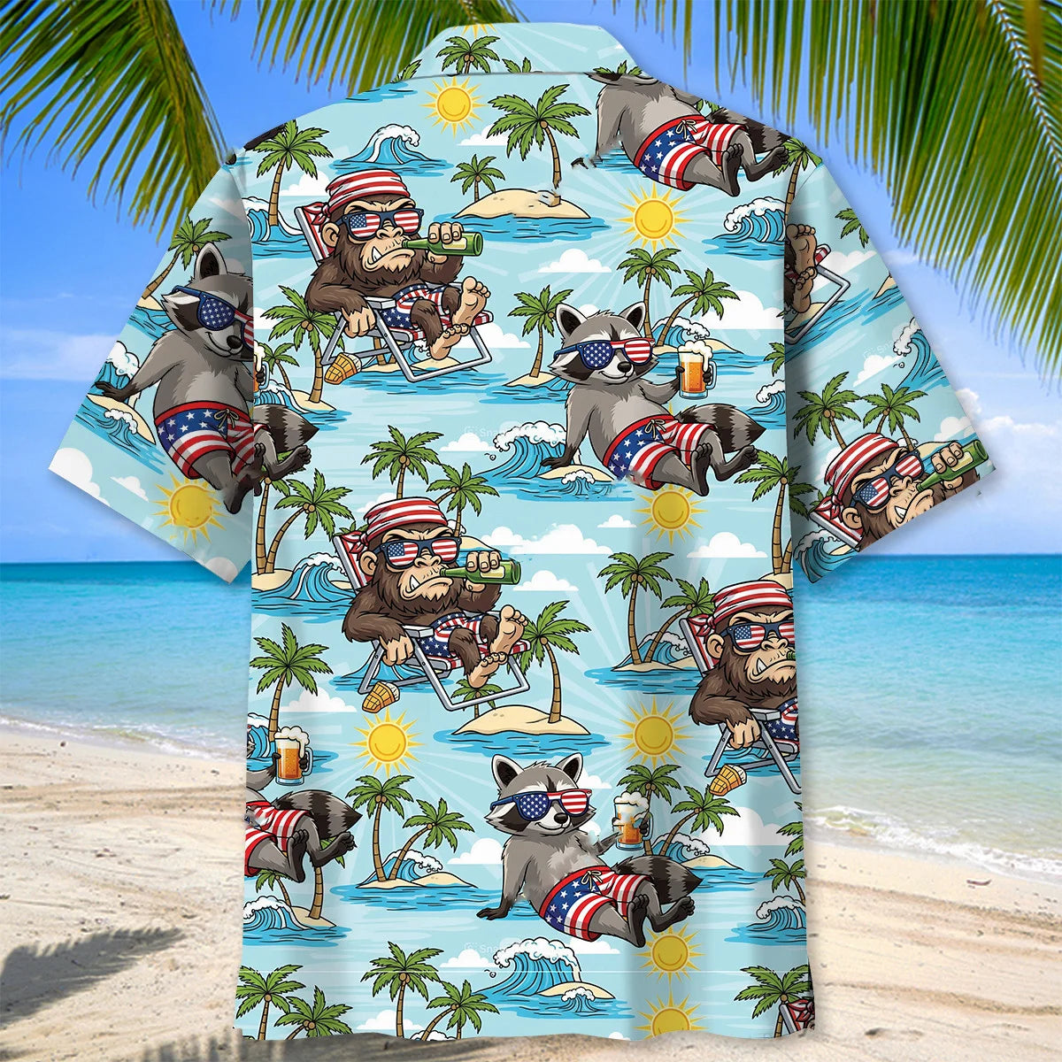 Sasquatch and Raccoon Summer Vacation Hawaiian Shirt, funny meme tee gift (view 4)