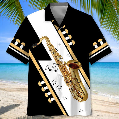 Saxophone Black White Hawaiian Shirt, custom shirt gift for men