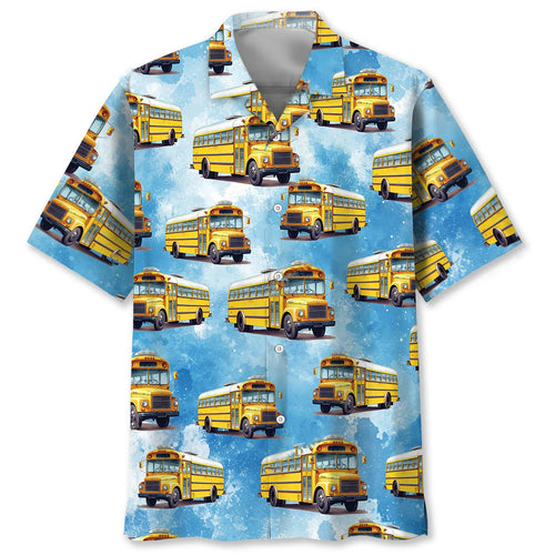 School Bus Blue Hawaiian Shirt, custom shirt gift for men