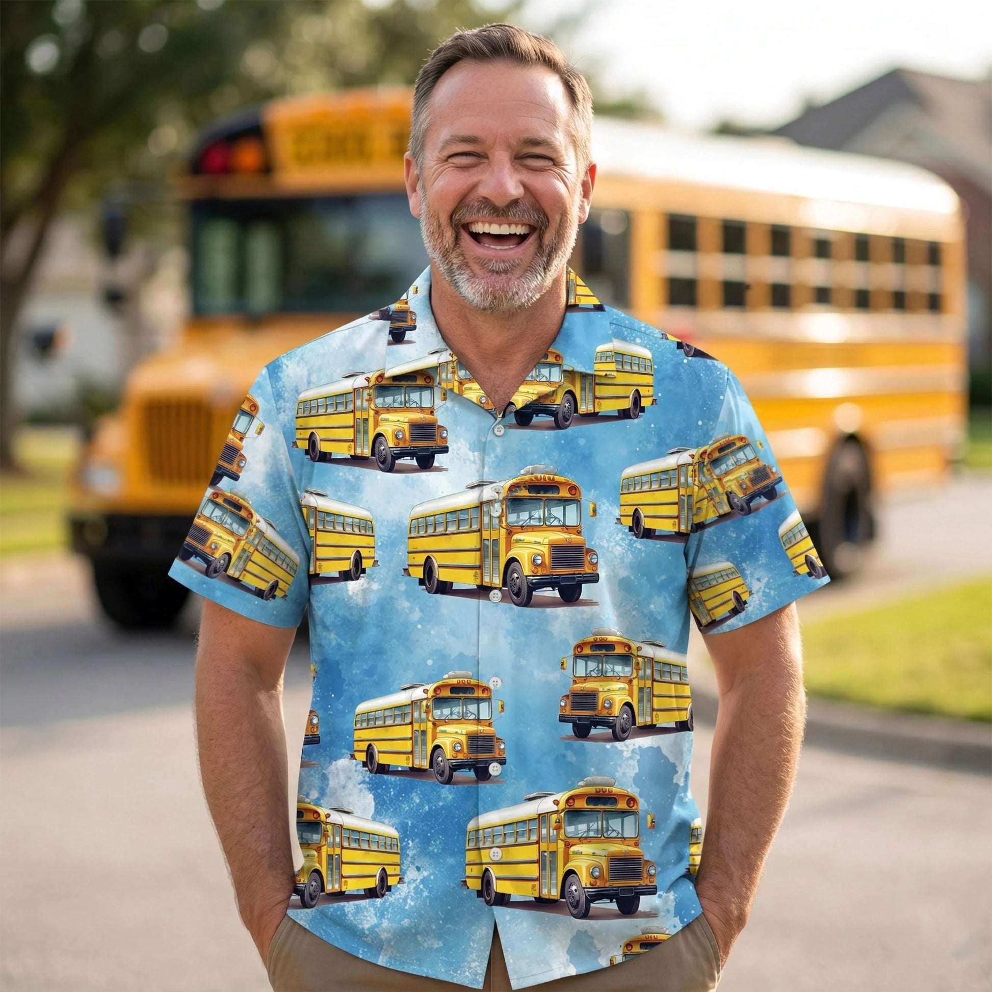 School Bus Blue Hawaiian Shirt, custom shirt gift for men (view 5)