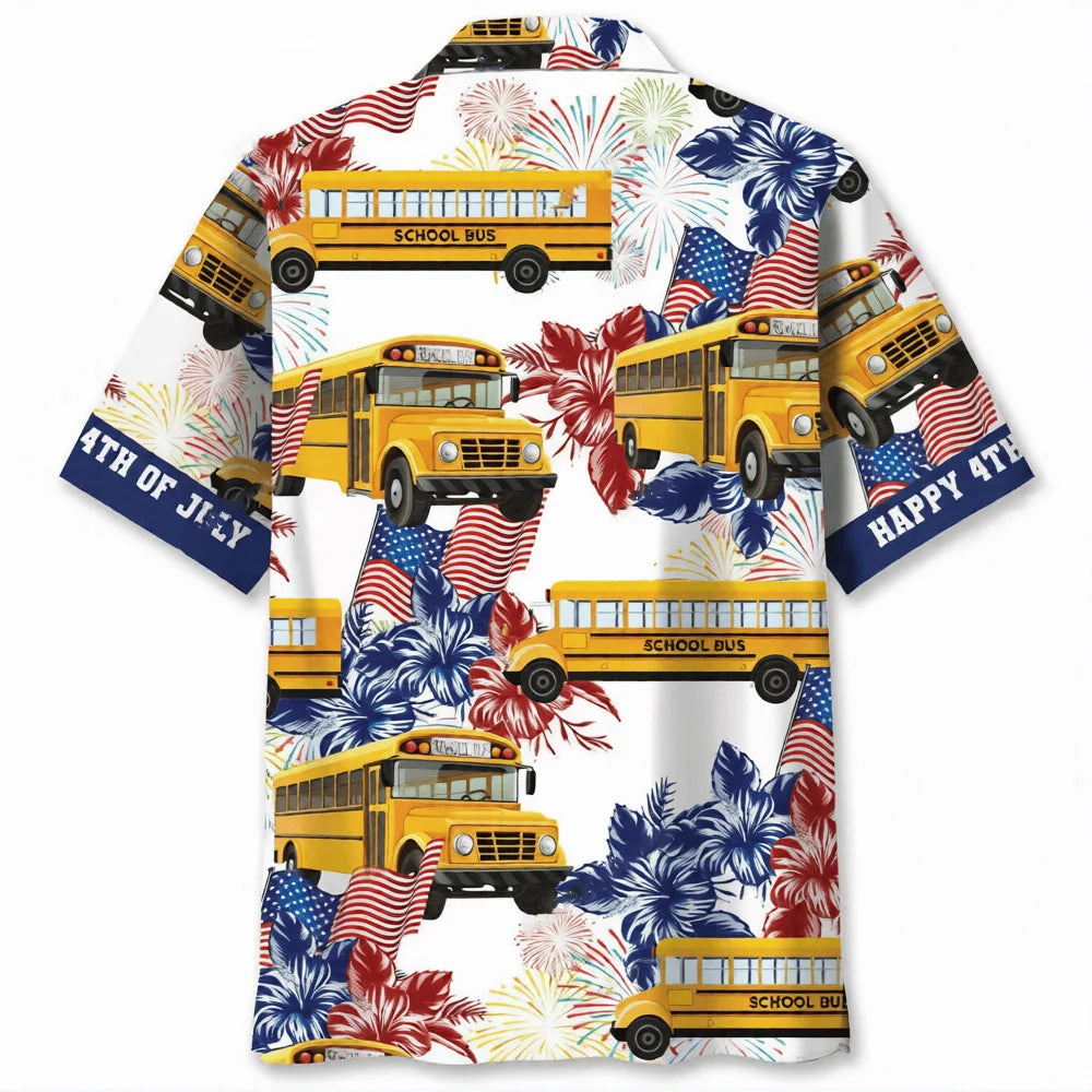 School Bus Happy 4th of July Hawaiian Shirt, custom shirt gift for men
