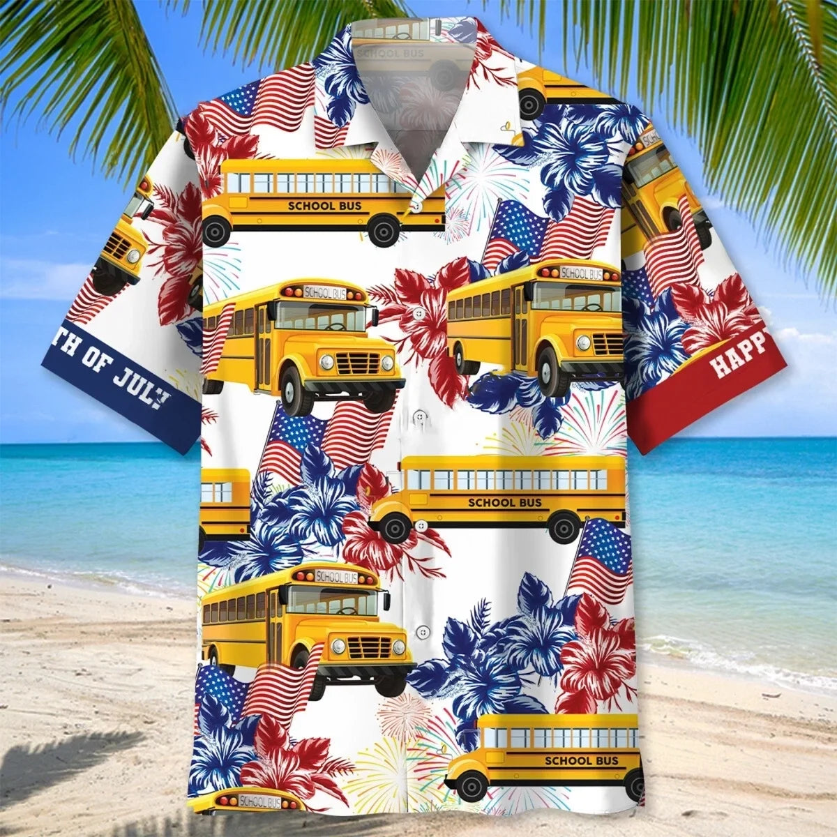School Bus Happy 4th of July Hawaiian Shirt, custom shirt gift for men (view 2)