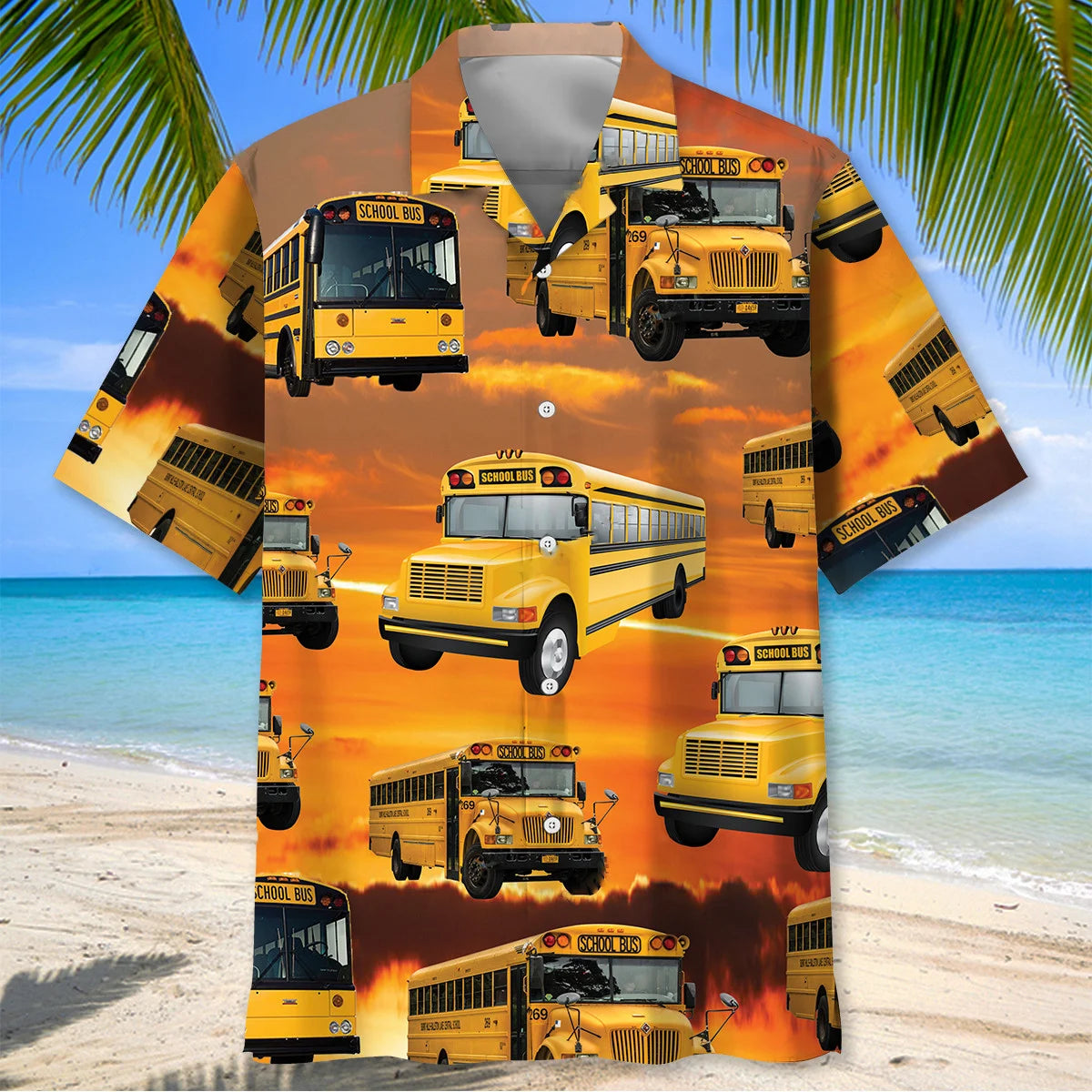 School Bus Sunset Hawaiian Shirt, custom shirt gift for men