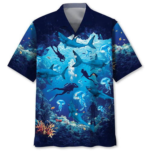Scuba Diving Shark Hawaiian Shirt, custom shirt gift for men
