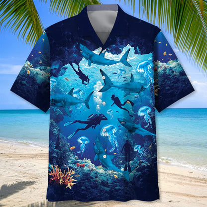 Scuba Diving Shark Hawaiian Shirt, custom shirt gift for men (view 3)