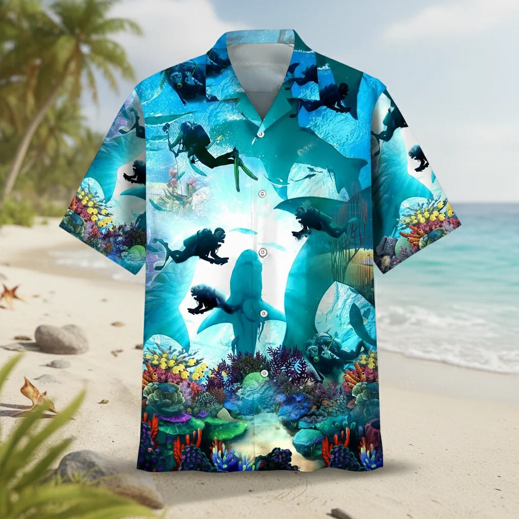 Scuba Diving Shark Hawaiian Shirt, custom shirt gift for men (view 6)