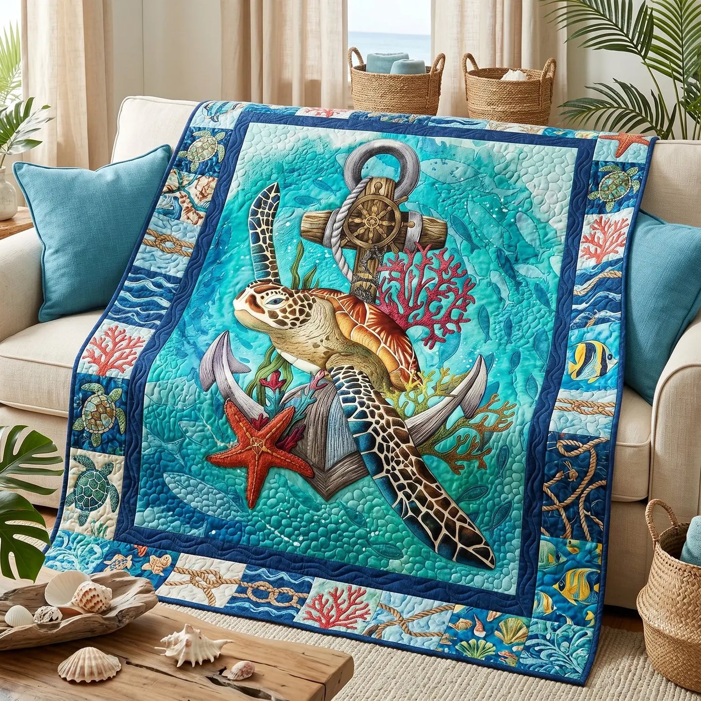 Sea Turtle Anchor Quilt Blanket