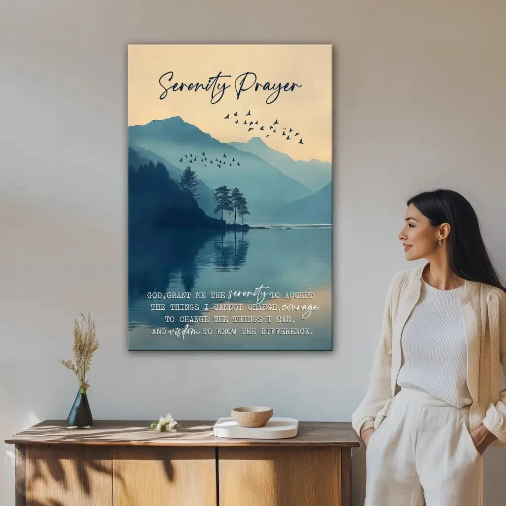 christian wall art serenity prayer canvas peaceful mountain lake decor for home (view 6)