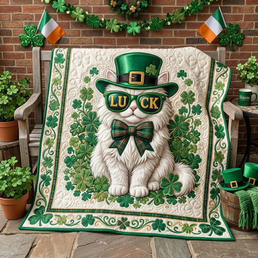 Shamrock Cat With Lucky Glasses Quilt Blanket