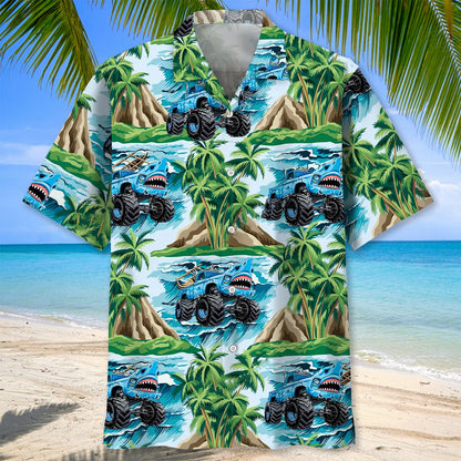 Shark Monster Truck Beach Hawaiian Shirt, custom shirt gift for men (view 3)
