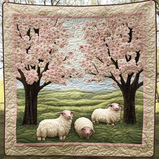 Sheep By The Peachblossom Tree Quilt Blanket