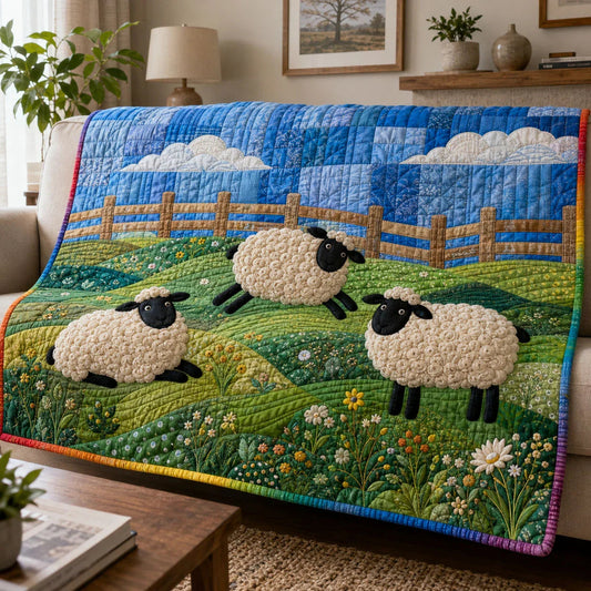 Sheep Meadow Quilt Blanket - Quilted Blanket by OtterMia