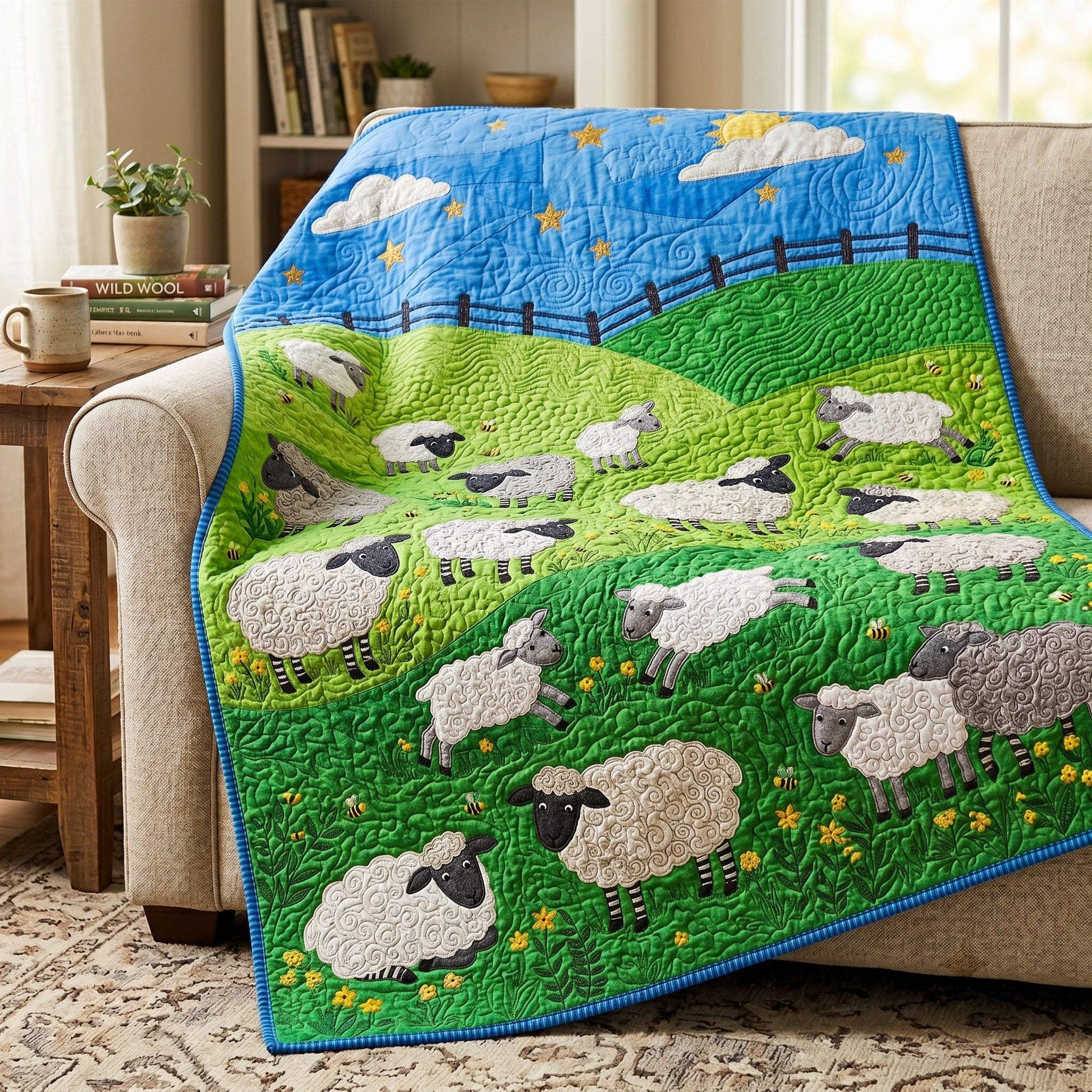 Sheep Pasture Quilt Blanket - Quilted Blanket by OtterMia