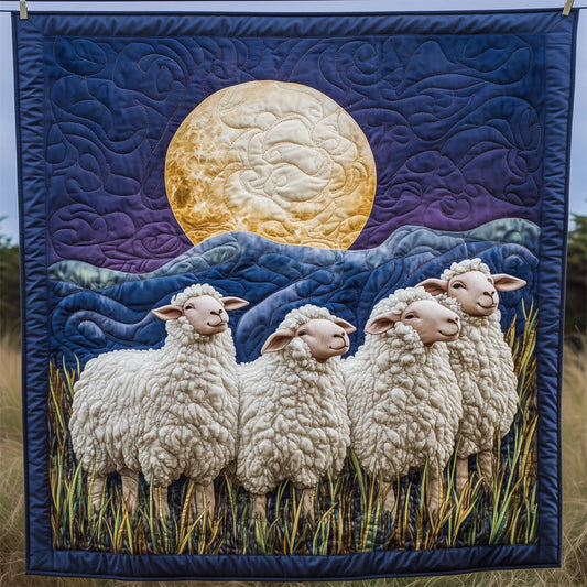 Sheep Under Moonlit Mountain Quilt Blanket