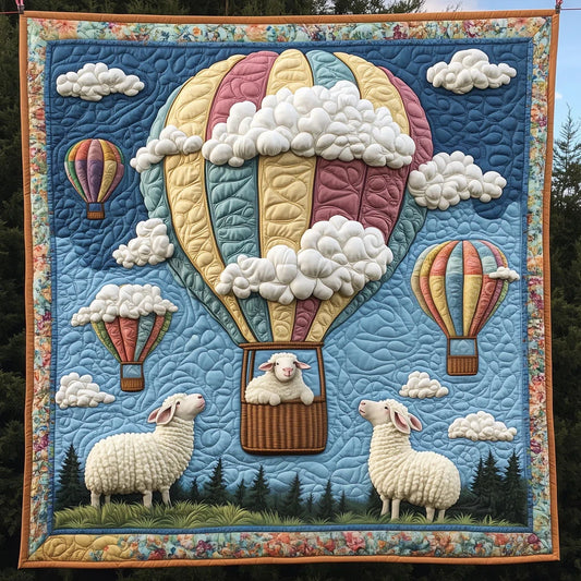 Sheep With Hot Air Balloon Quilt Blanket