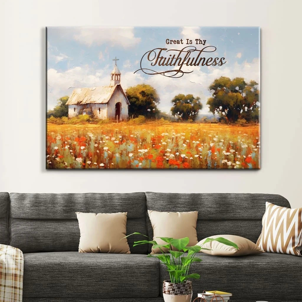 great is thy faithfulness wall art old chapel in a field christian canvas print (Landscape) (view 3)