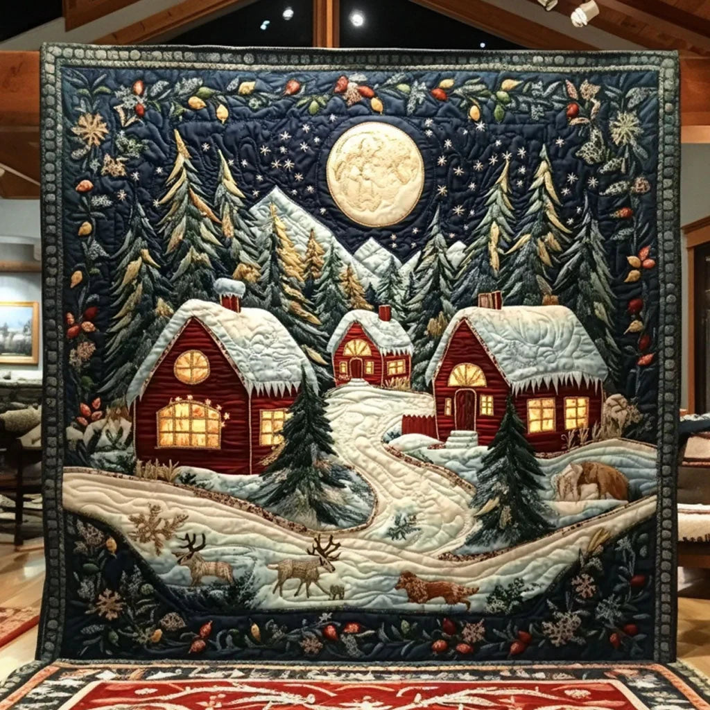 Silent Snow Forest Cabin Quilt Blanket