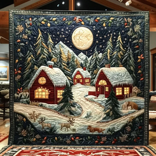 Silent Snow Forest Cabin Quilt Blanket