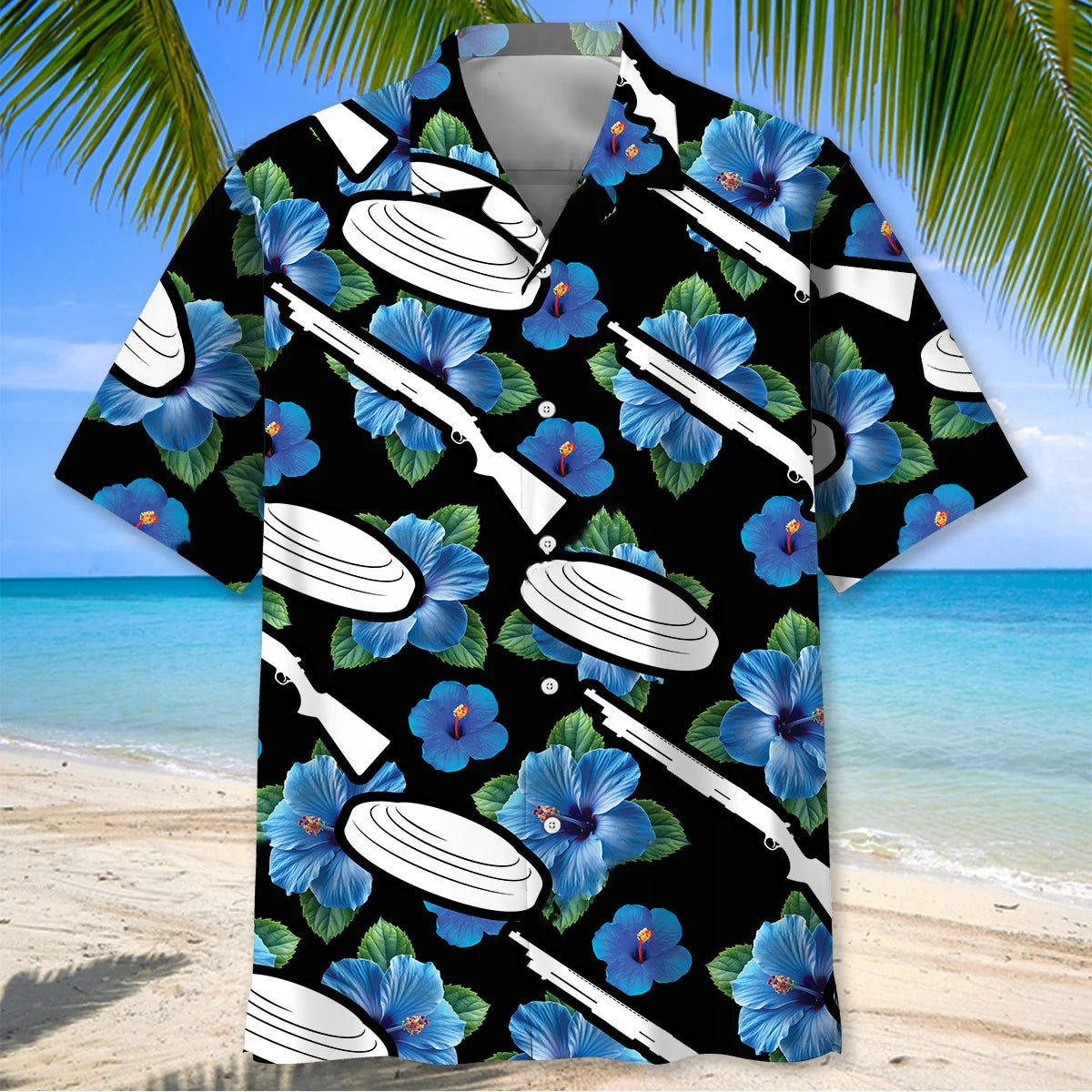 Skeet Shooting Hibiscus Blue Hawaiian Shirt, custom shirt gift for men