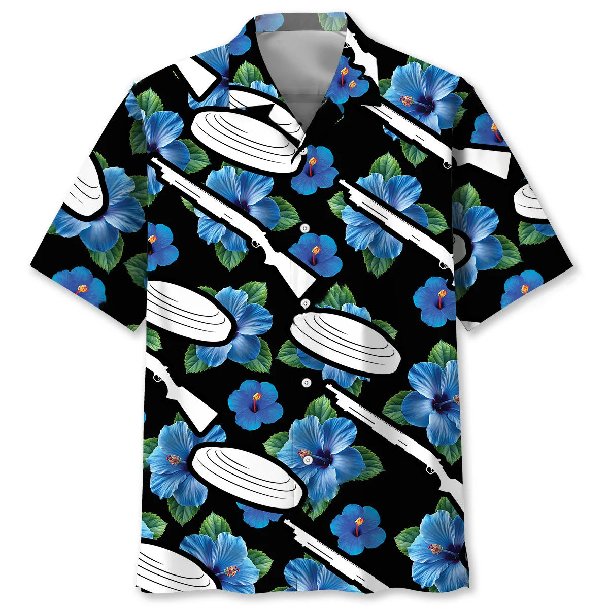 Skeet Shooting Hibiscus Blue Hawaiian Shirt, custom shirt gift for men (view 2)