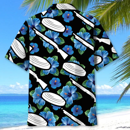 Skeet Shooting Hibiscus Blue Hawaiian Shirt, custom shirt gift for men (view 3)