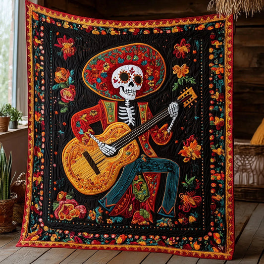 Skeleton Guitar Fire Quilt Blanket