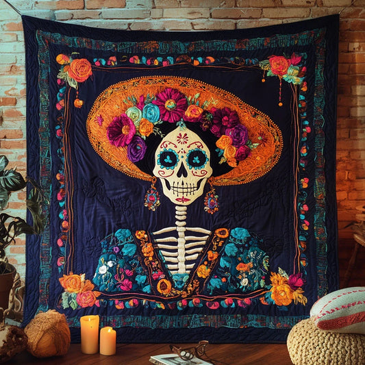 Skeleton Lady Golden Field Quilt Blanket