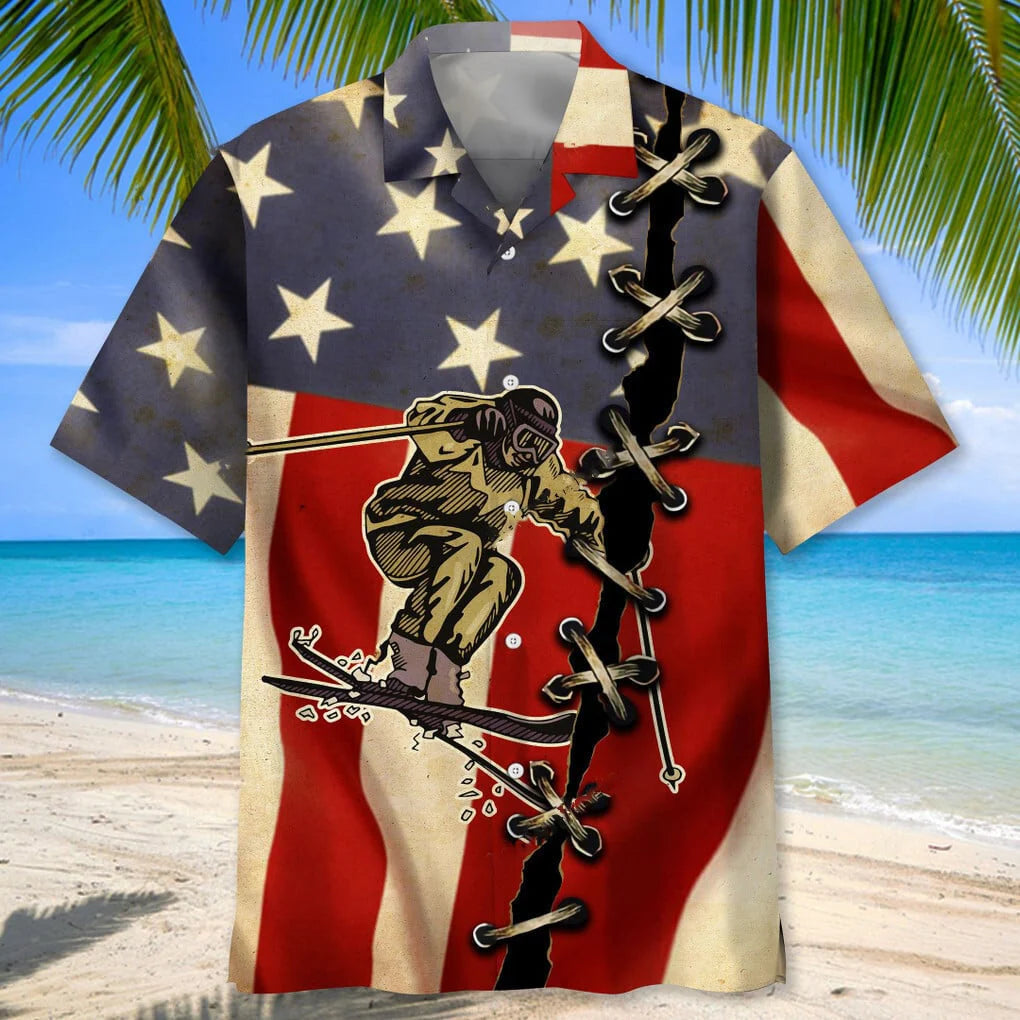 Skiing America Flag Hawaiian Shirt, custom shirt gift for men
