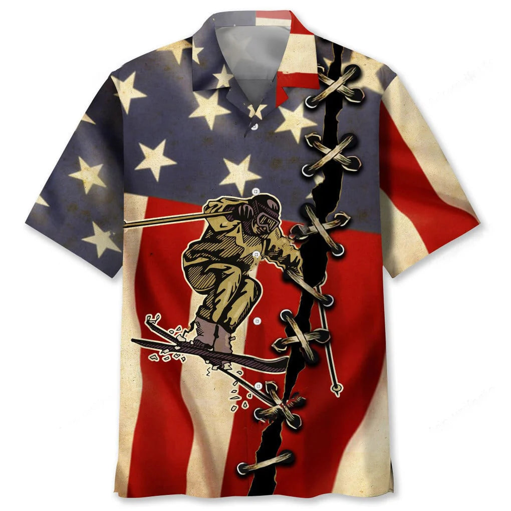 Skiing America Flag Hawaiian Shirt, custom shirt gift for men (view 2)