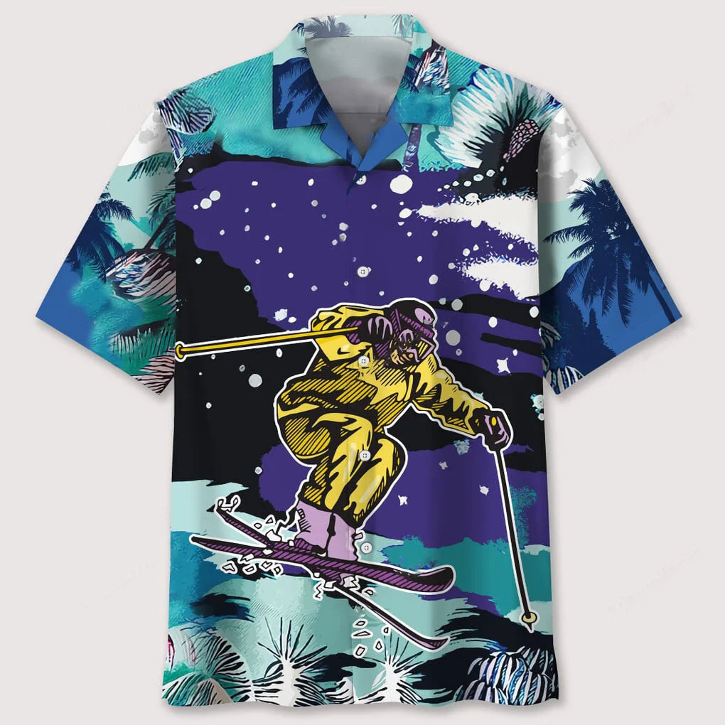 Skiing Snow Landscape Print Hawaiian Shirt, custom shirt gift for men