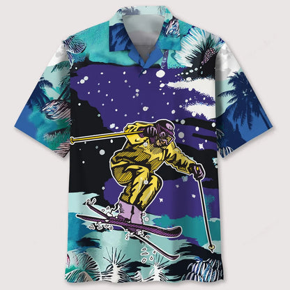Skiing Snow Landscape Print Hawaiian Shirt, custom shirt gift for men