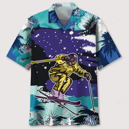 Skiing Snow Landscape Print Hawaiian Shirt, custom shirt gift for men