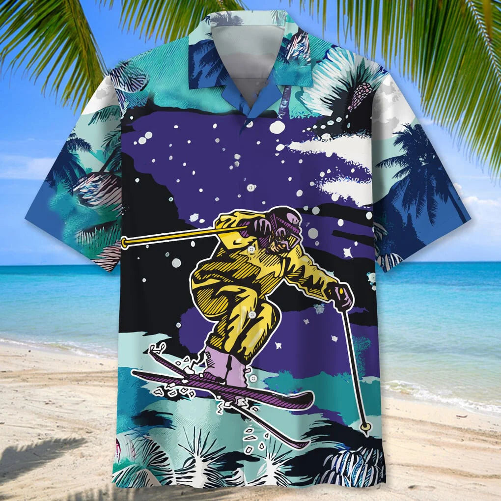 Skiing Snow Landscape Print Hawaiian Shirt, custom shirt gift for men (view 2)
