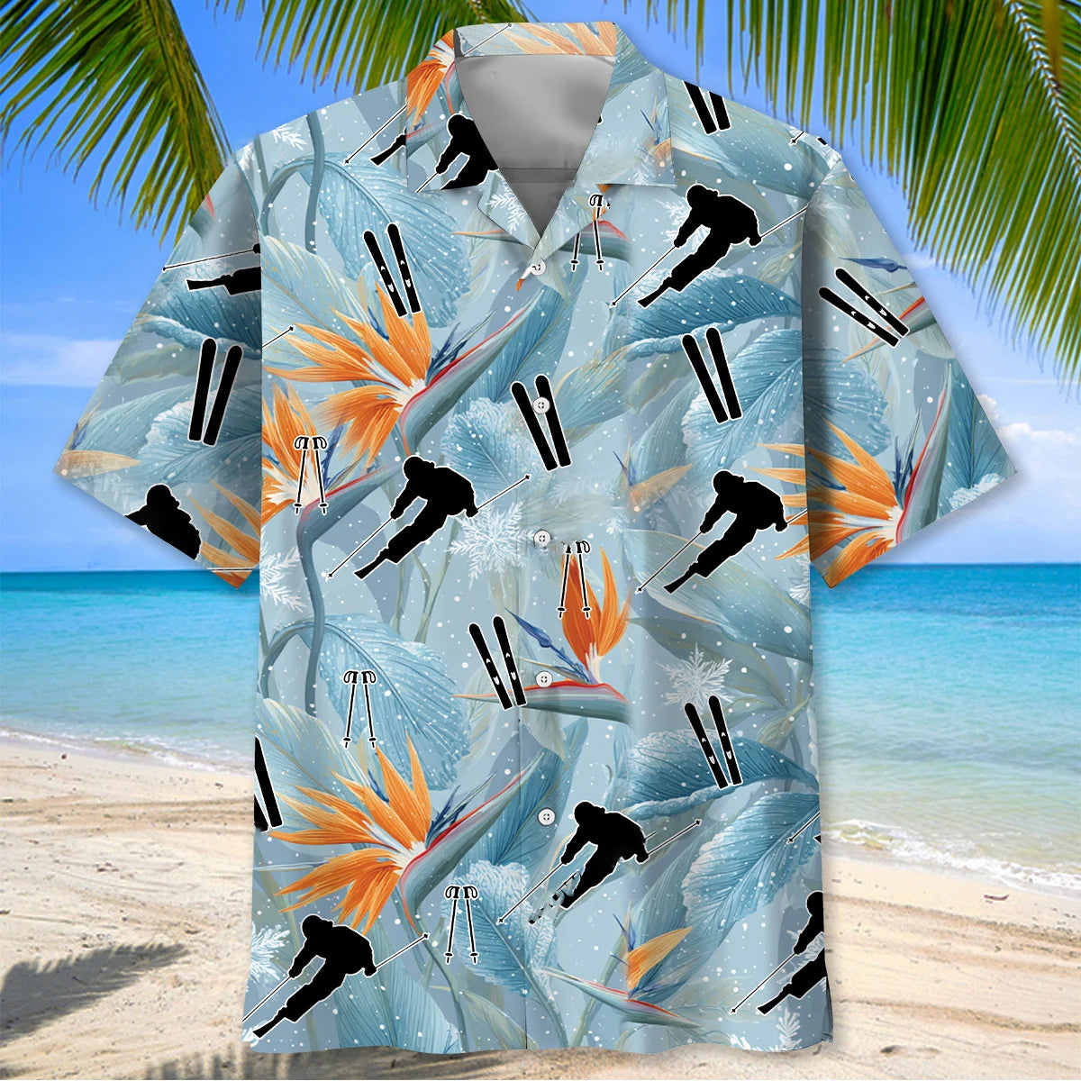 Skiing Snow Tropical Flowers Hawaiian Shirt, custom shirt gift for men
