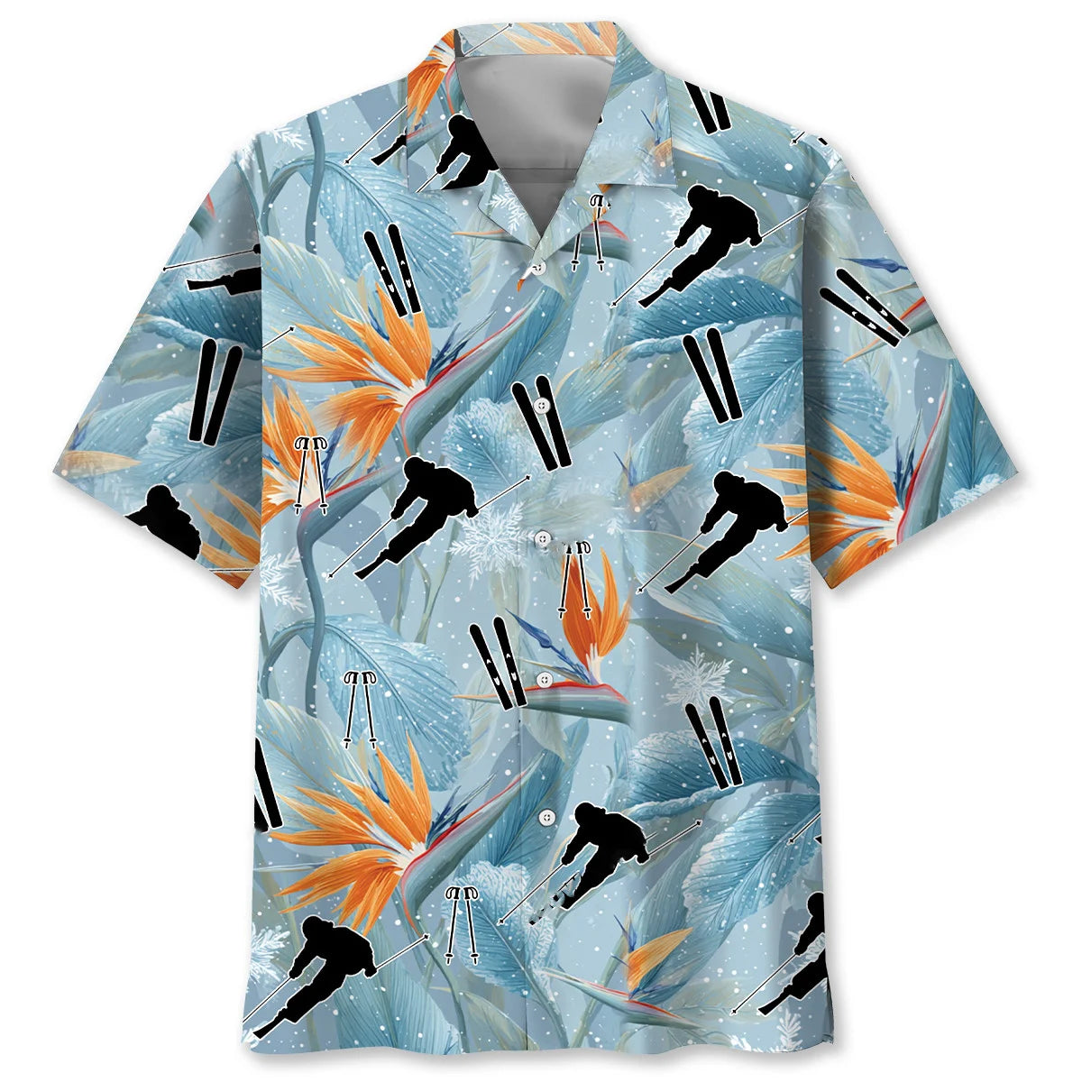 Skiing Snow Tropical Flowers Hawaiian Shirt, custom shirt gift for men (view 2)