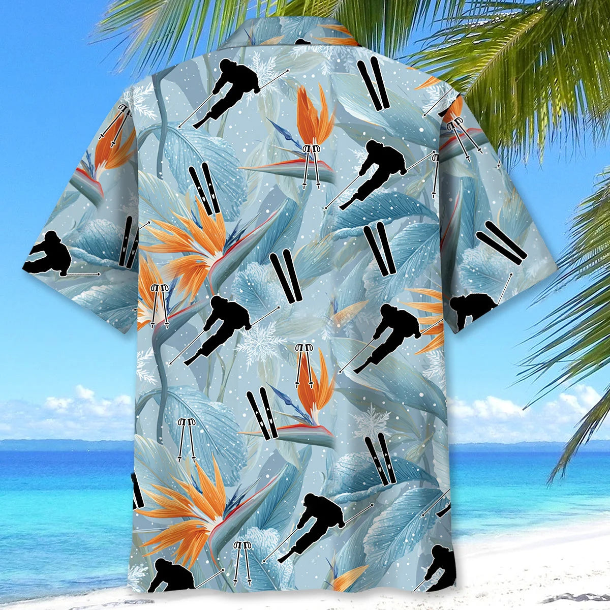 Skiing Snow Tropical Flowers Hawaiian Shirt, custom shirt gift for men (view 3)