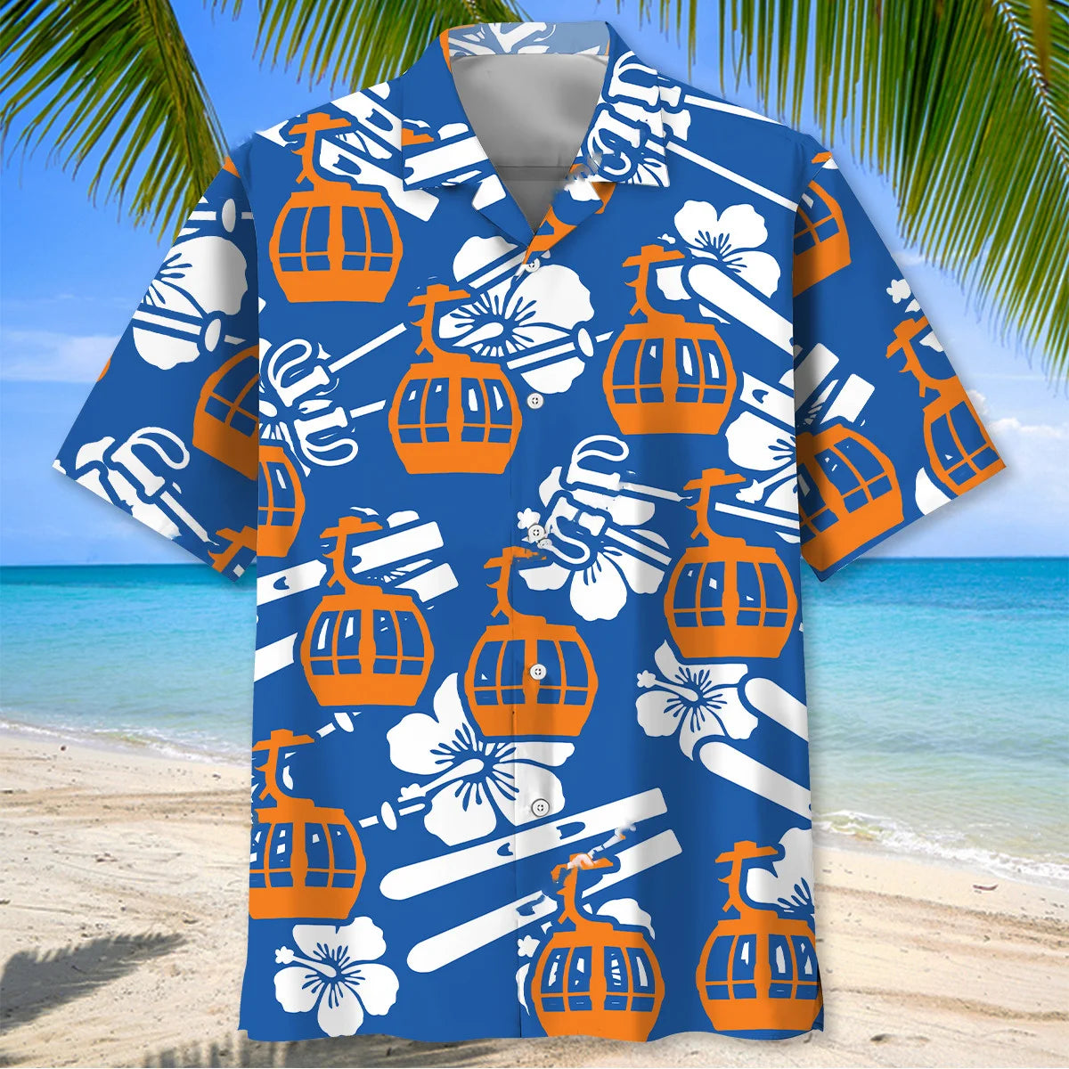 Skiing Tramway Hibiscus Blue Hawaiian Shirt, custom shirt gift for men